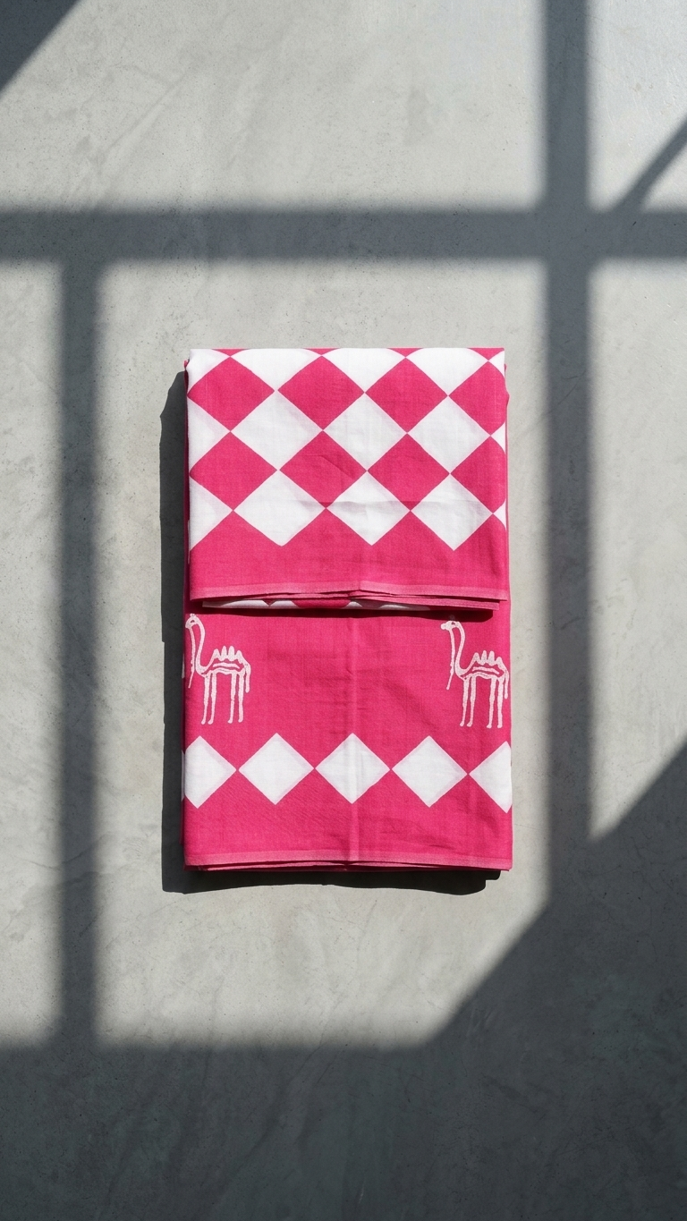 Pink Hand Block Printed Cotton Saree | Rajasthani Camel & Geometric Diamond Motifs