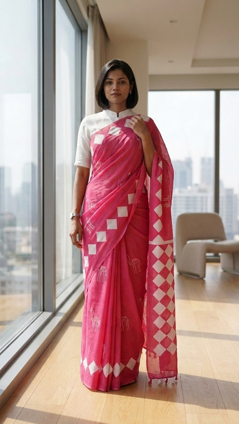 Pink Hand Block Printed Cotton Saree | Rajasthani Camel & Geometric Diamond Motifs