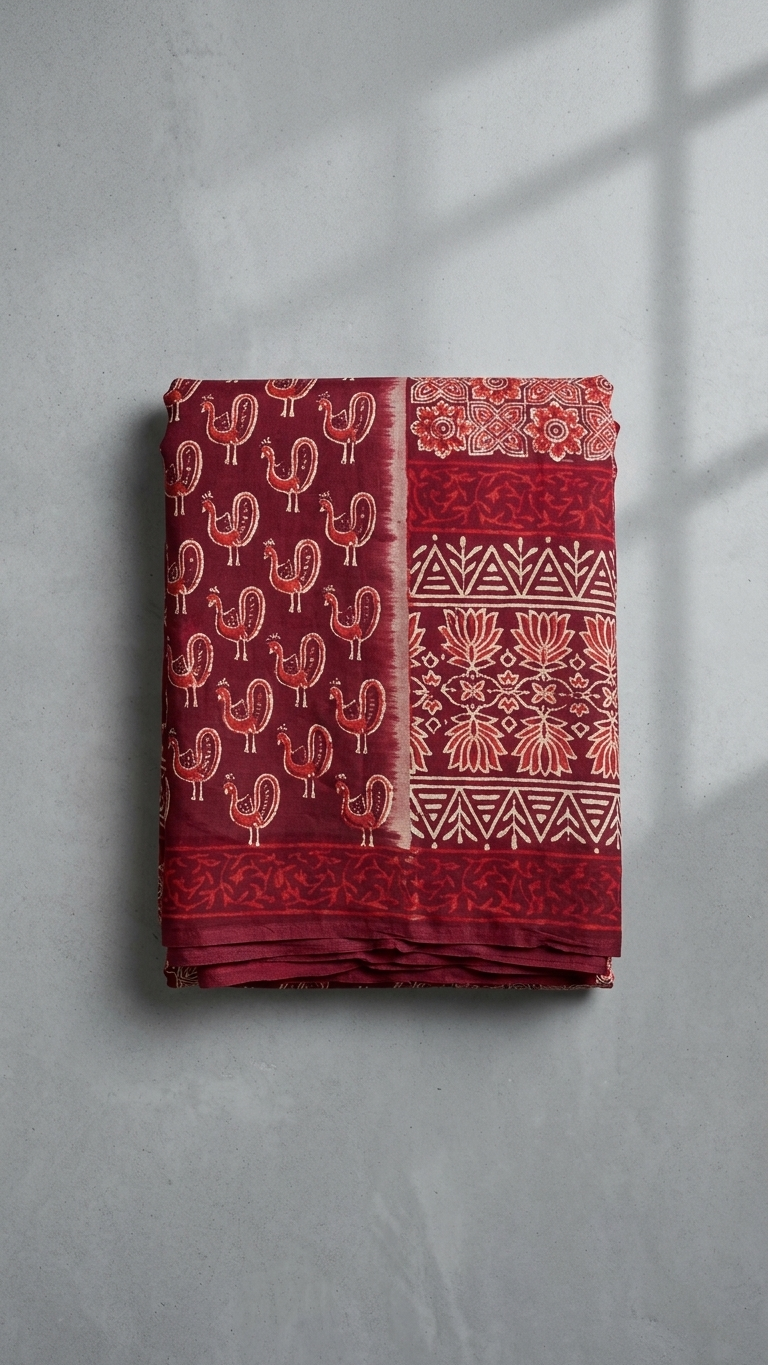 Ruby Red Paisley Print Mul Cotton Saree