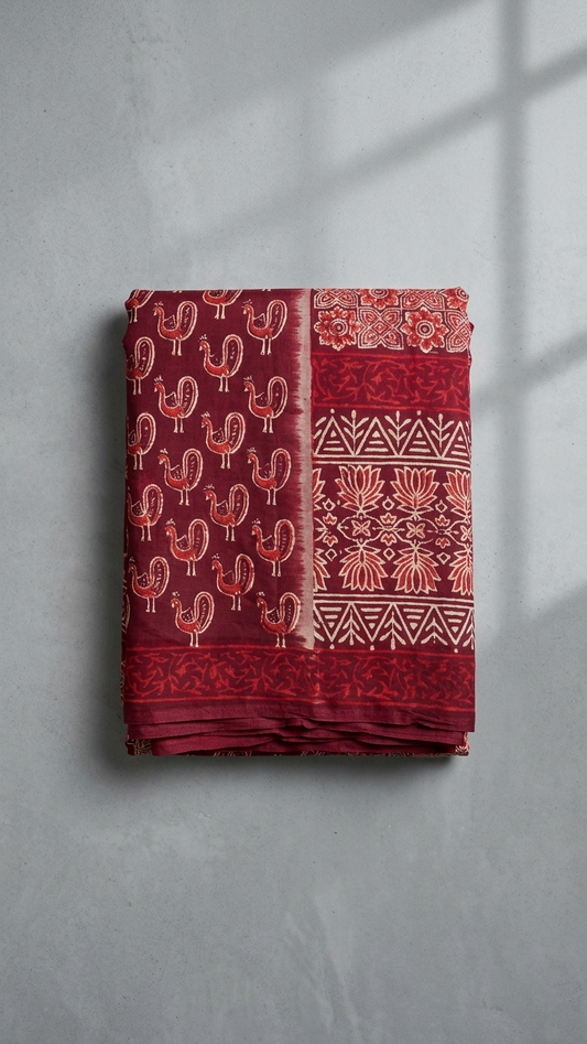 Ruby Red Paisley Print Mul Cotton Saree