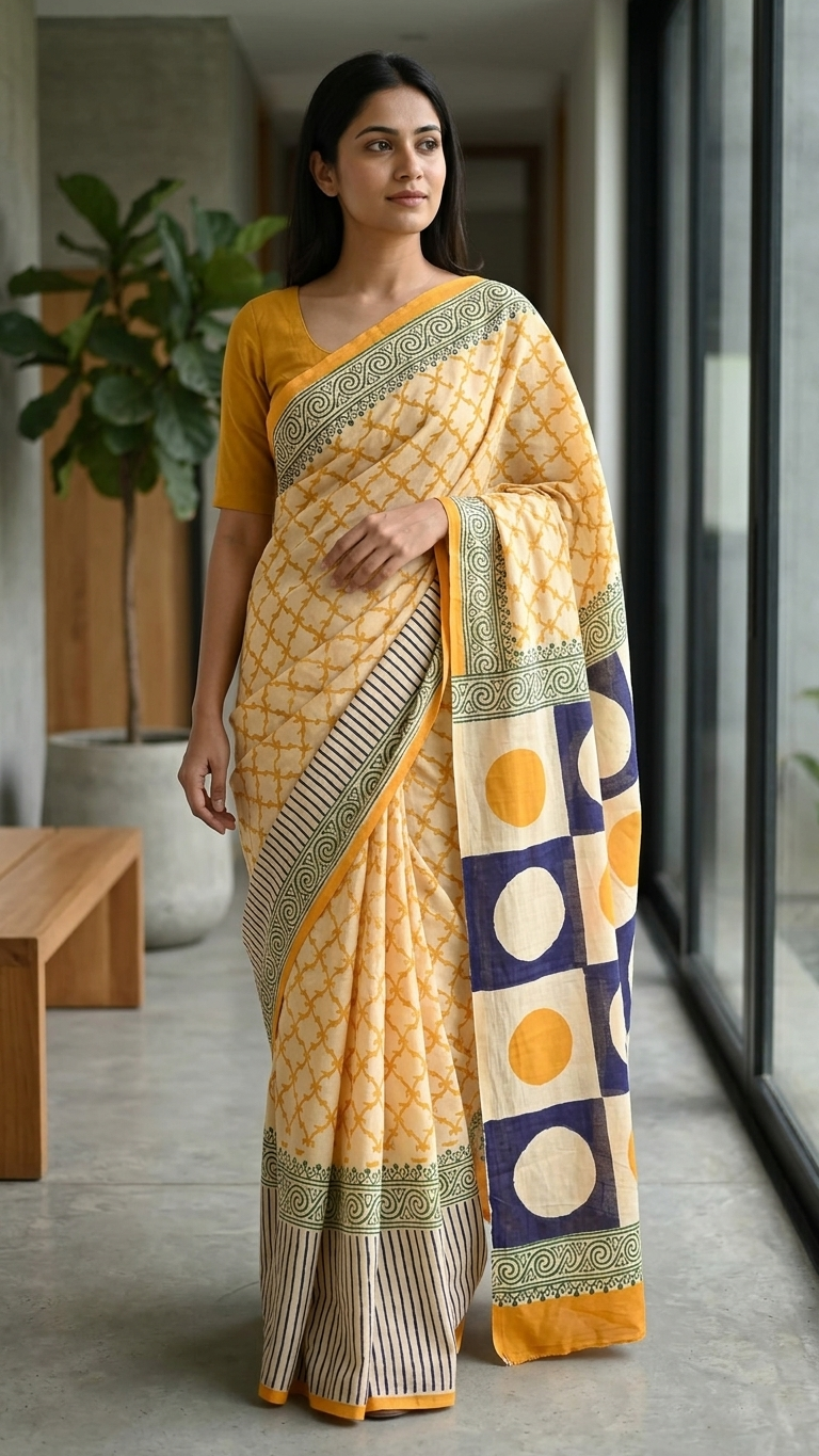 Sunlit Ivory Handblock Print Mul Cotton Saree