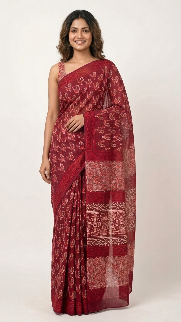 Ruby Red Paisley Print Mul Cotton Saree