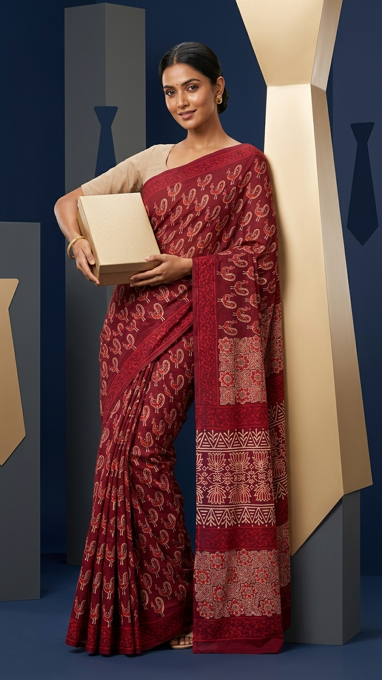 Ruby Red Paisley Print Mul Cotton Saree