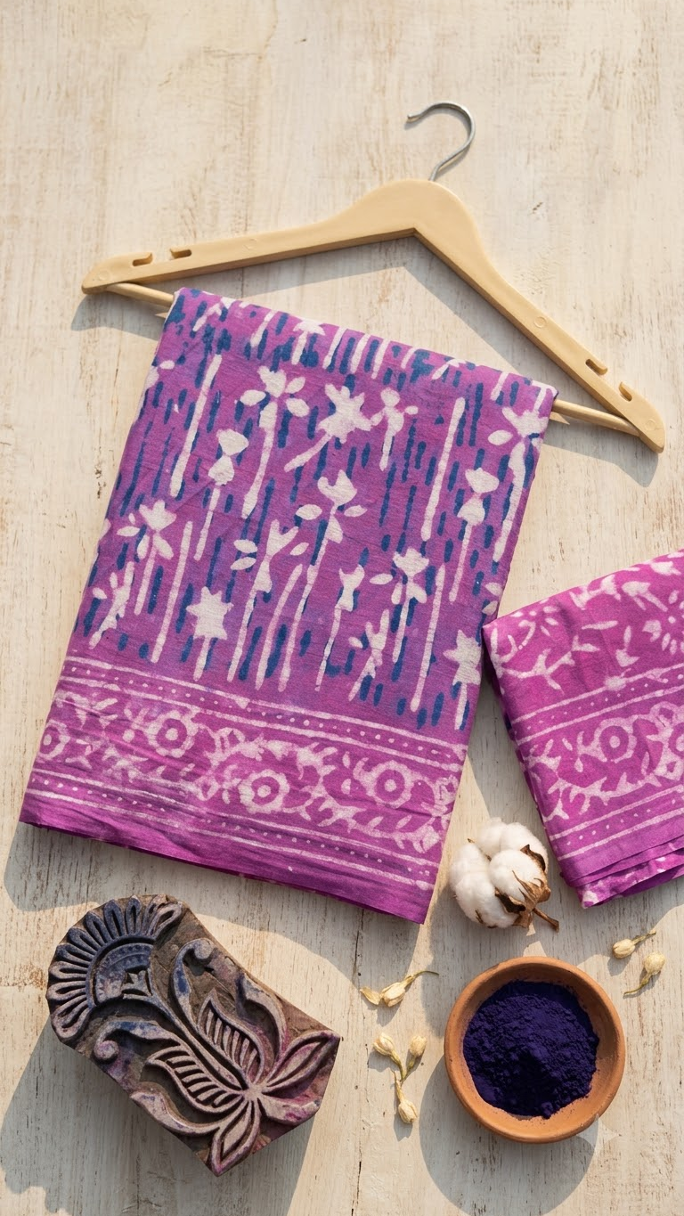 Purple Floral Printed Cotton Mul Saree with Indigo Accents & Traditional Border