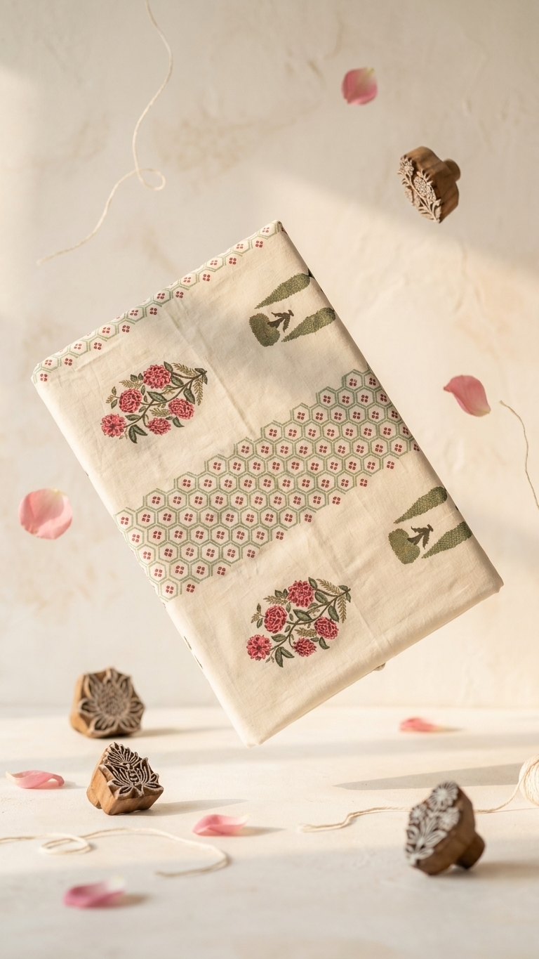 Rose Bouquet & Sage Trellis Block Print Cotton Bedsheet Set styled flat lay with block print stamps and rose petals