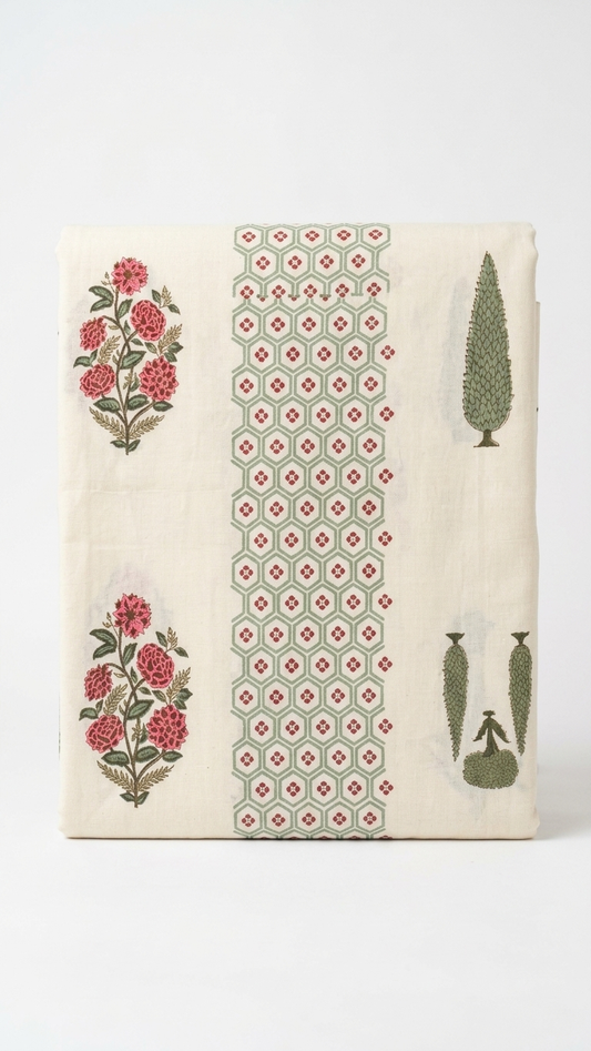 Rose Bouquet & Sage Trellis Block Print Cotton Bedsheet Set folded on white background