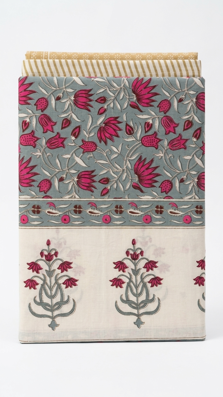 Sage & Magenta Tulip Vine Block Print Cotton Bedsheet Set folded on white background