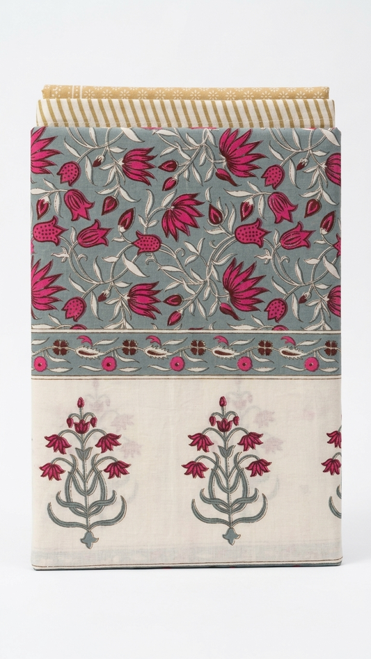 Sage & Magenta Tulip Vine Block Print Cotton Bedsheet Set folded on white background