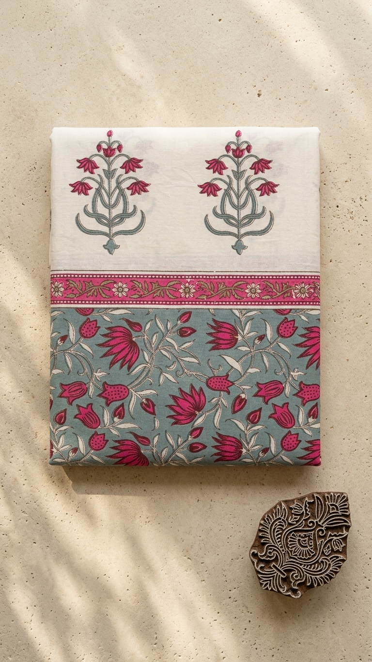 Sage & Magenta Tulip Vine Block Print Cotton Bedsheet Set folded and packed, showing tulip vine pattern and border