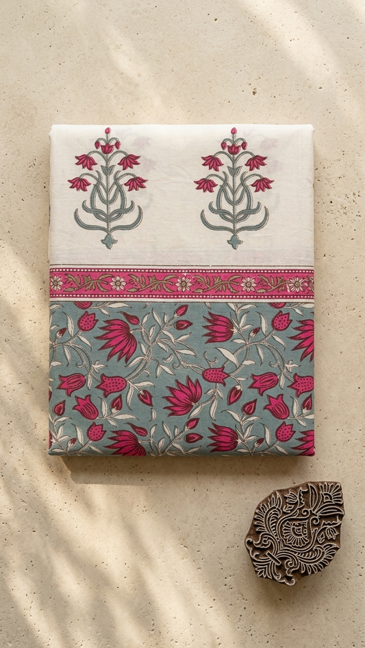 Sage & Magenta Tulip Vine Block Print Cotton Bedsheet Set folded and packed, showing tulip vine pattern and border
