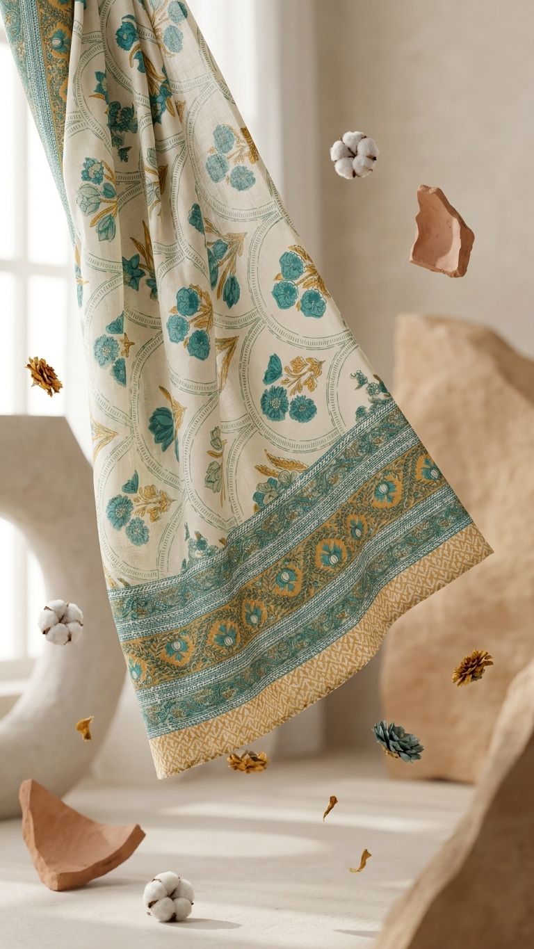 Teal Blossom & Gold Trellis Block Print Cotton Bedsheet Set styled flat lay with block print stamps and marigold petals