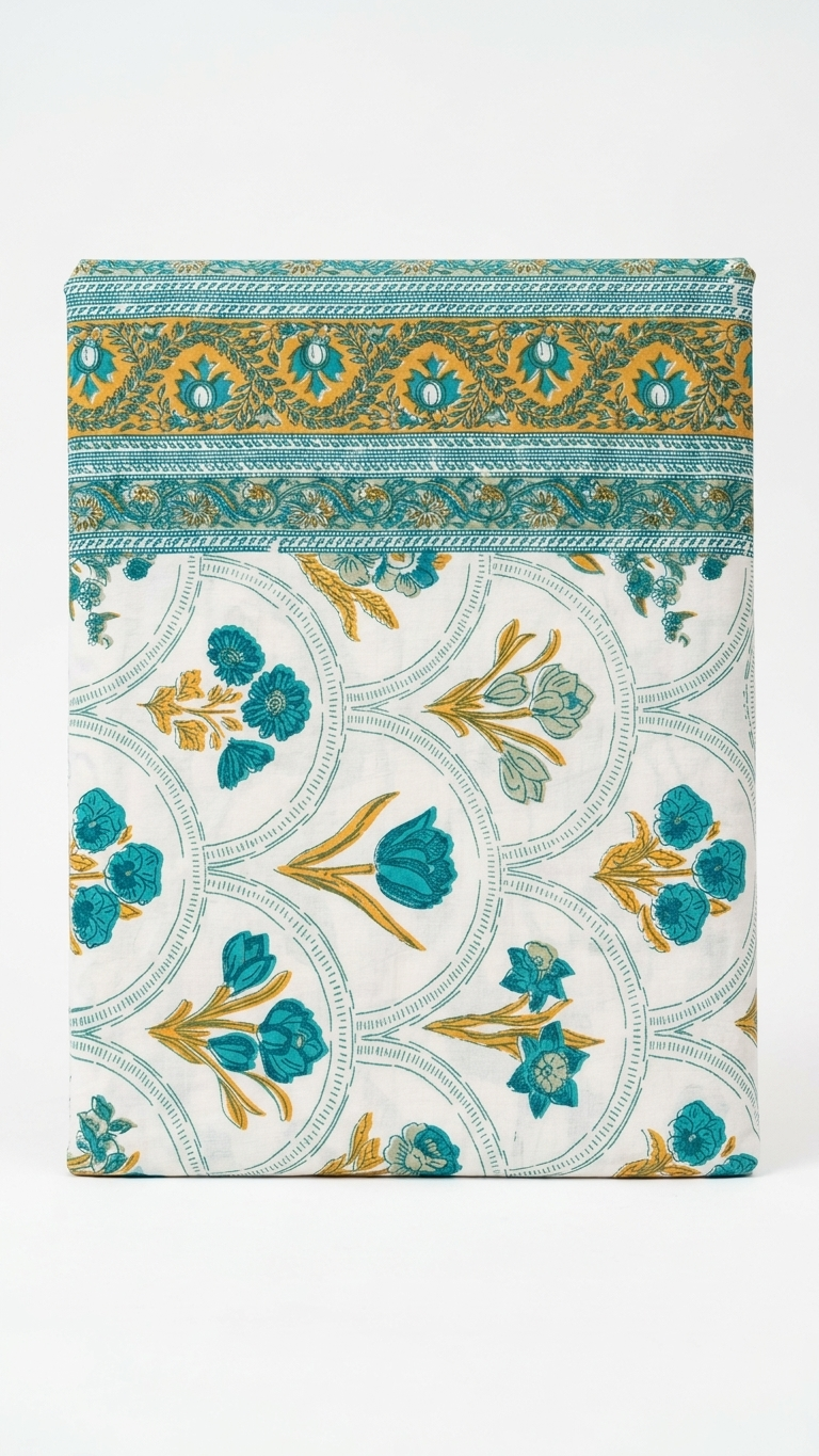 Teal Blossom & Gold Trellis Block Print Cotton Bedsheet Set folded on white background